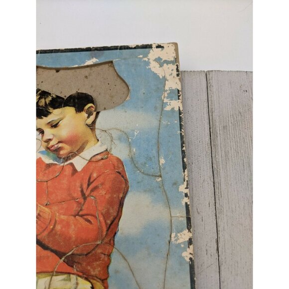 Vintage Jigsaw Puzzle Tray 11 1/4"x14 3/4" Girl Boy Dog Missing 1 Piece - Picture 2 of 6